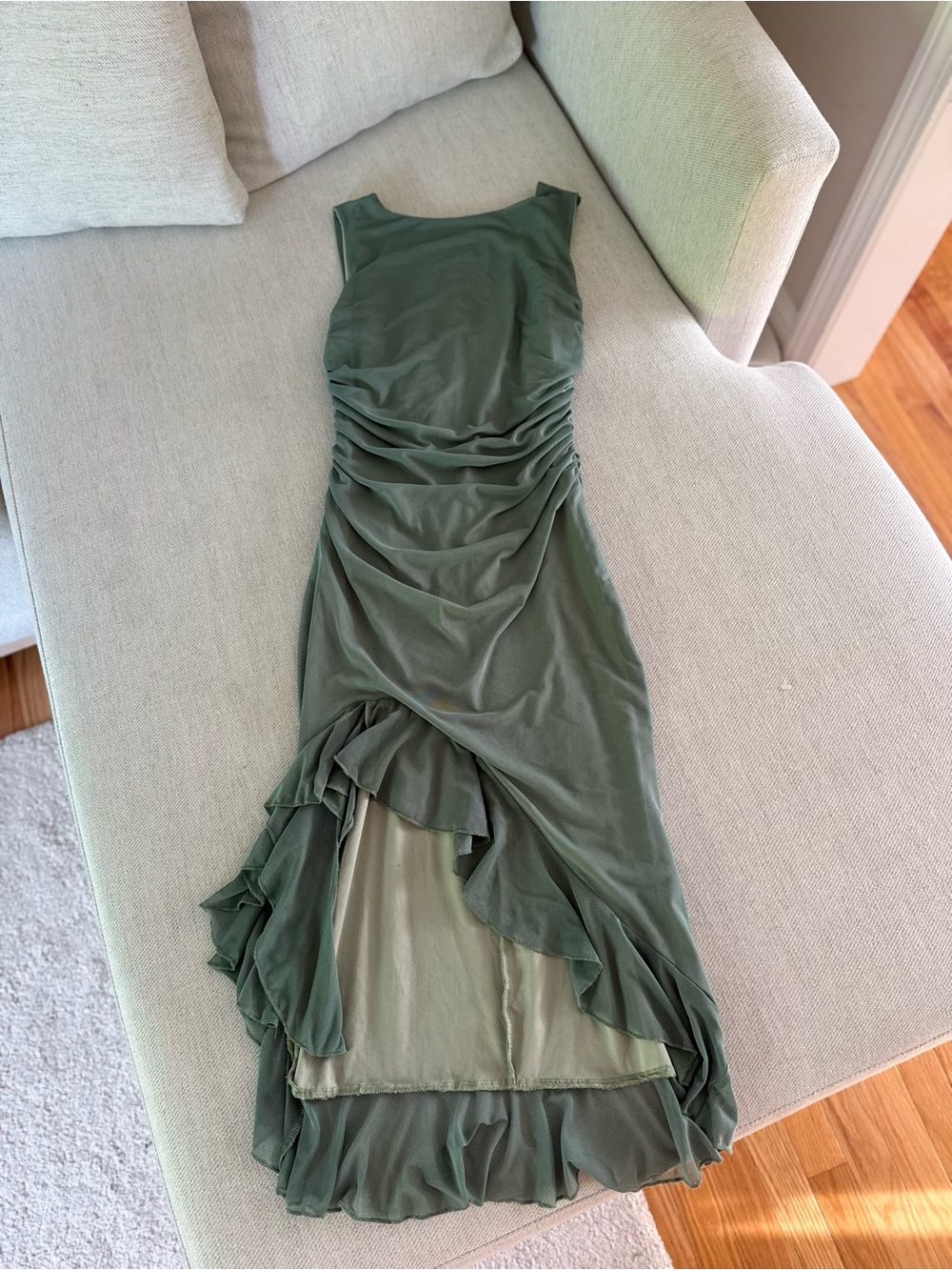 Local European Olive Green High-Low Sleeveless Ruched Dress